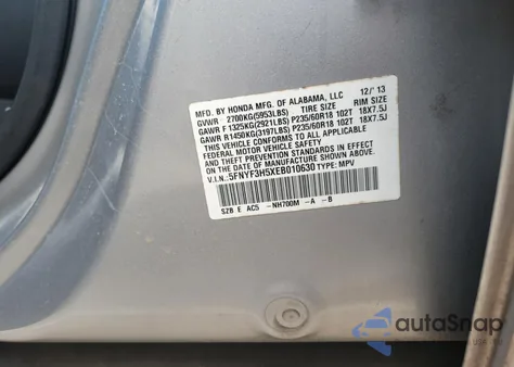 2014 Honda Pilot Exl from USA, damaged, VIN 5FNYF3H5XEB010630